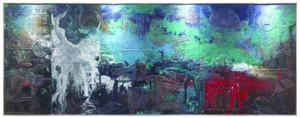 《中國(guó)工藝美術(shù)協(xié)會(huì)前廳壁畫(huà)》作者： 伊峻慷、吳守峰   材質(zhì)：青銅  藝術(shù)著色  尺寸：3.7x1.42m  安放：北京 